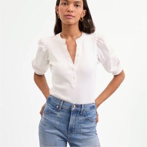 Veronica Beard Coralee Puff Sleeve Tee Ribbed Bodice White Top